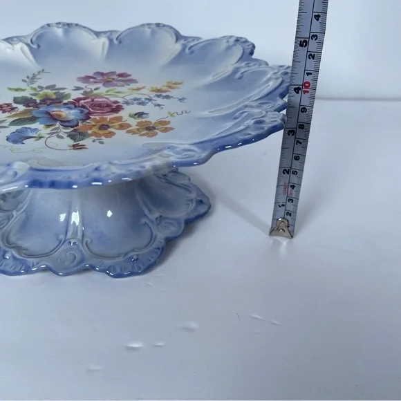 Vintage Floral Blue Pedestal Cake Stand Home Decor Fruit Display Centerpiece - Picture 9 of 12